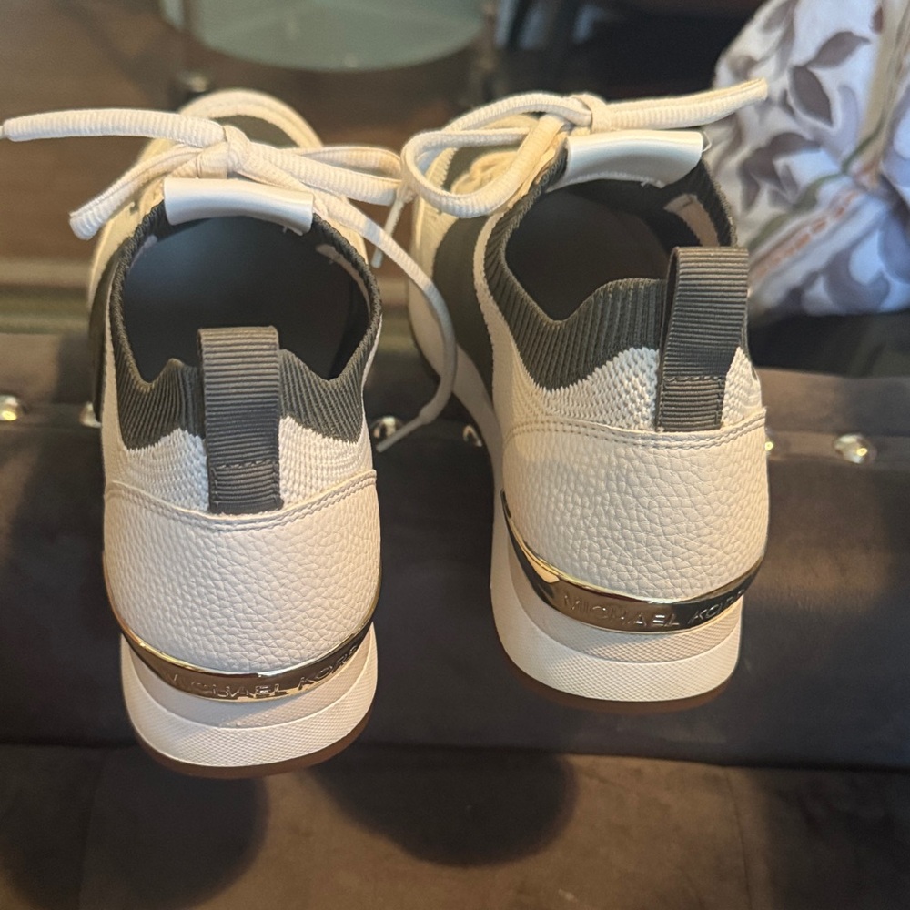 Michael Kors Beige and Olive Knit Lace-Up Sneakers - Picture 2 of 9